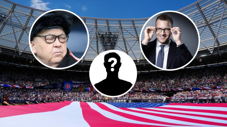 Inside West Ham's London Stadium draped in a US flag. Inset, Hammers co-owners David Sullivan and Daniel Kretinsky