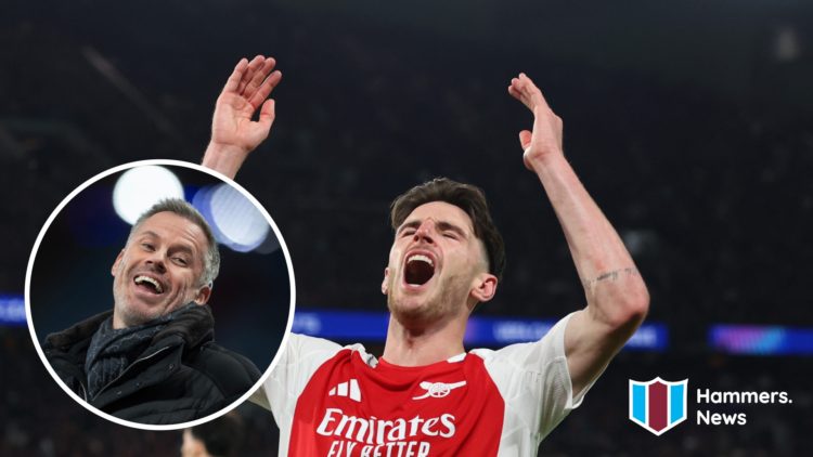 Arsenal midfielder Declan Rice looks dejected. Inset, Sky Sports pundit Jamie Carragher