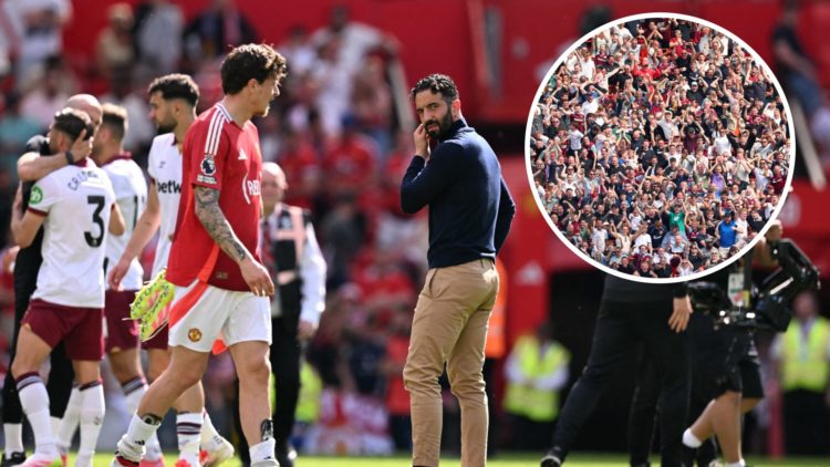 Man United boss Ruben Amorim looks dejected. Inset, West Ham fans celebrate at Old Trafford