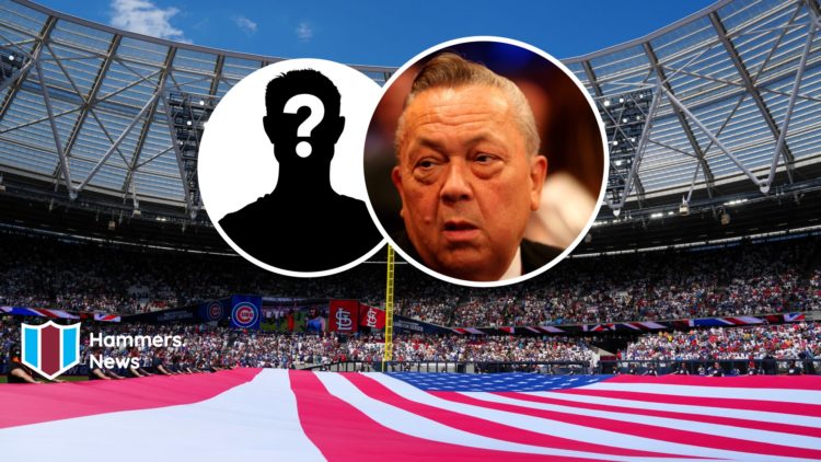 American flag inside West Ham's London Stadium. Inset, Hammers majority owner David Sullivan