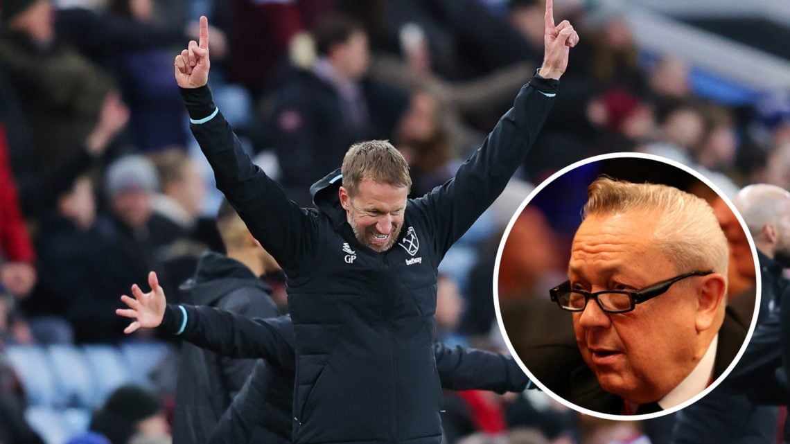 West Ham head coach Graham Potter celebrates. Inset, majority owner David Sullivan.