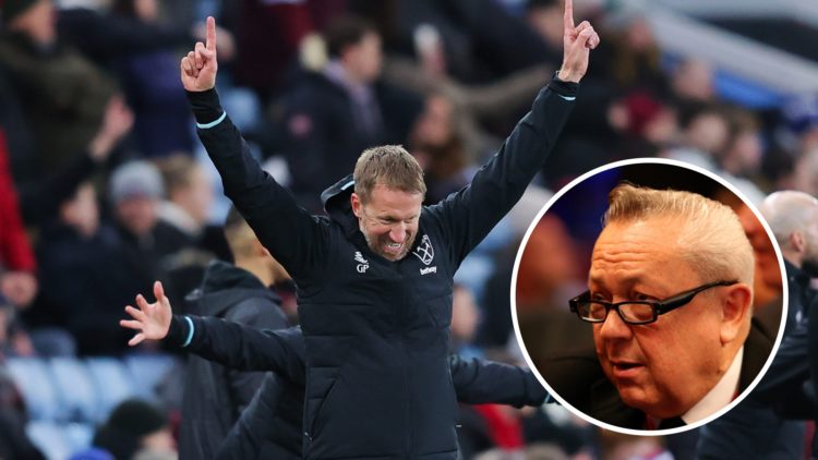 West Ham head coach Graham Potter celebrates. Inset, majority owner David Sullivan.