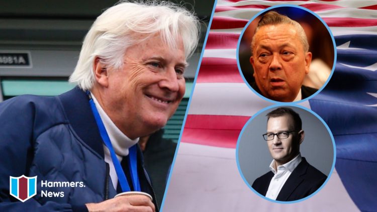Chelsea part owner Mark Walter and the US flag. Inset, West Ham co-owners David Sullivan and Daniel Kretinsky