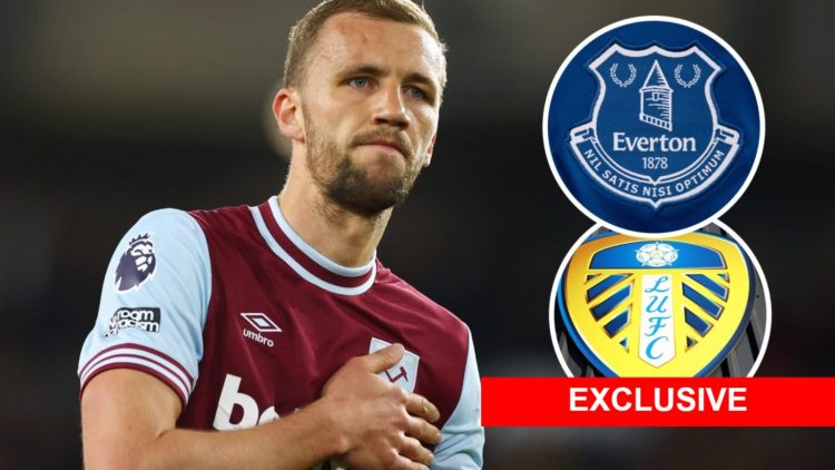 West Ham star Tomas Soucek touches the Hammers crest. Inset, Everton and Leeds badges.