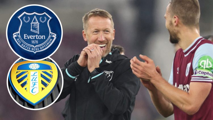 West Ham head coach Graham Potter with midfield star Tomas Soucek. Inset, Everton and Leeds badges