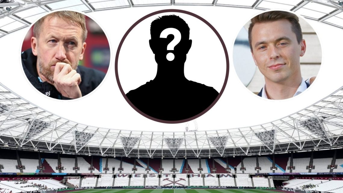 Inside West Ham's London Stadium. Inset, Hammers boss Graham Potter and head of recruitment Kyle Macaulay.