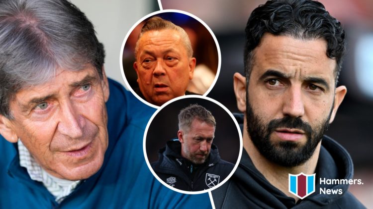 Real Betis boss Manuel Pellegrini and Manchester United manager Ruben Amorim. Inset, West Ham co-owner David Sullivan and head coach Graham Potter
