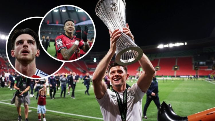 Aaron Cresswell lifts the Europa Conference League trophy for West Ham. Inset, Declan Rice and Jesse Lingard