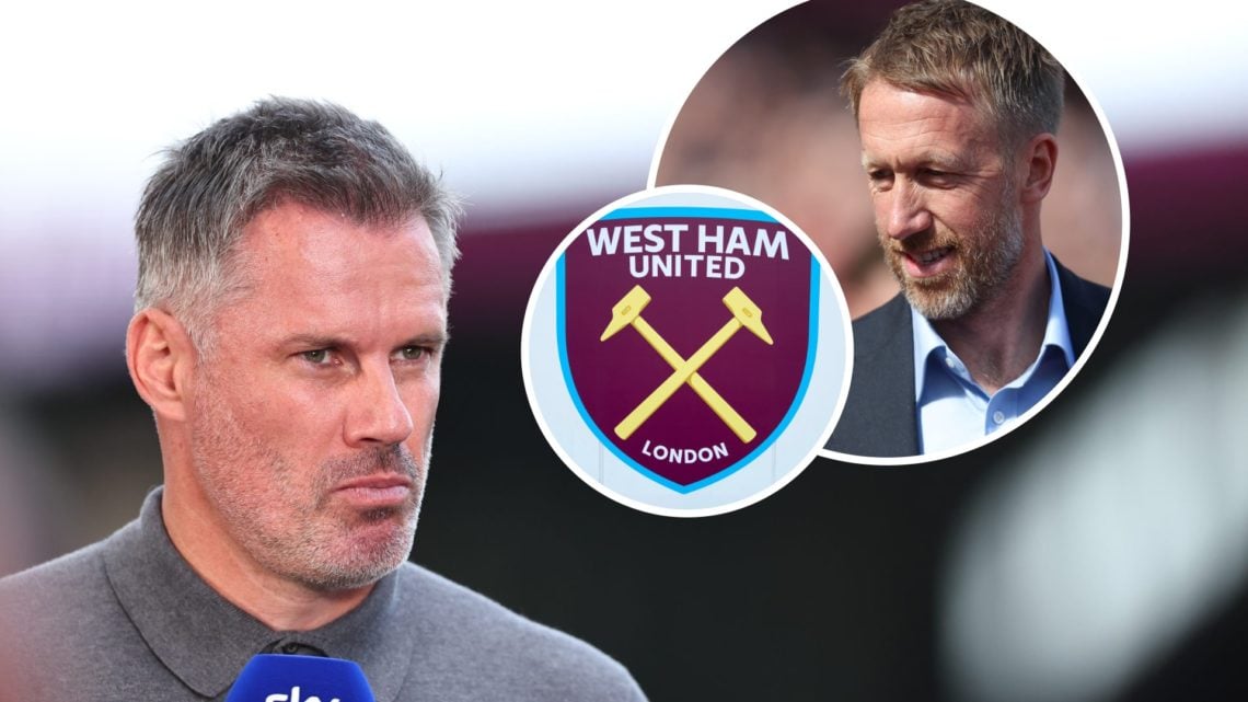 Sky Sports pundit Jamie Carragher. Inset, West Ham head coach Graham Potter and the Hammers crest