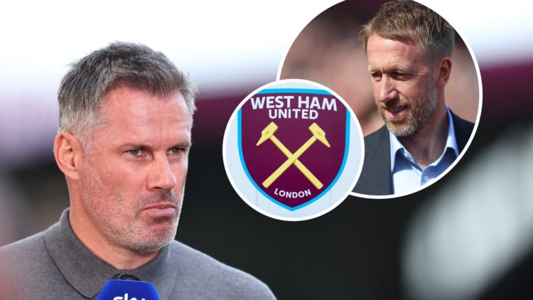 Sky Sports pundit Jamie Carragher. Inset, West Ham head coach Graham Potter and the Hammers crest