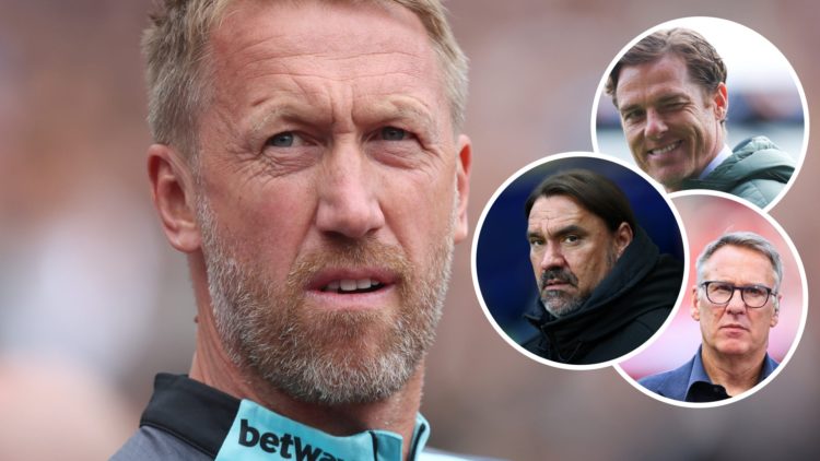 West Ham head coach Graham Potter. Inset, Burnley boss Scott Parker, Leeds manager Daniel Farke and pundit Paul Merson