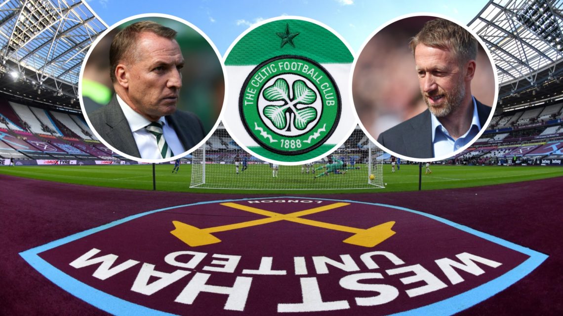 Inside West Ham's London Stadium. Inset, Celtic boss Brendan Rodgers, the club's crest and Hammers head coach Graham Potter