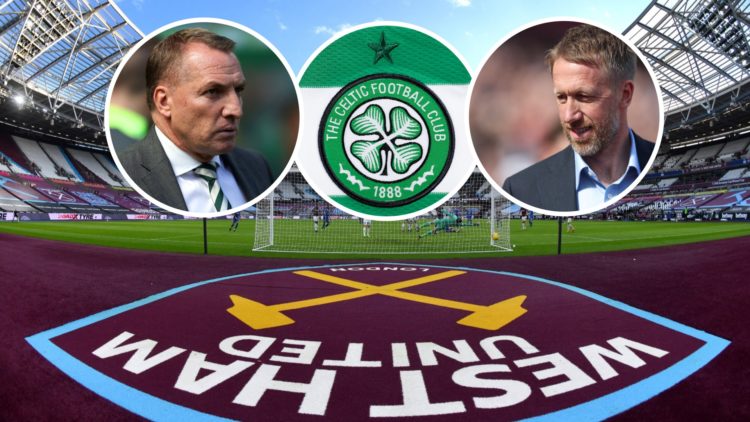 Inside West Ham's London Stadium. Inset, Celtic boss Brendan Rodgers, the club's crest and Hammers head coach Graham Potter