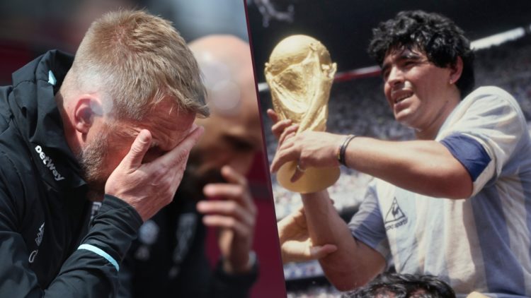 West Ham head coach Graham Potter looks dejected and Diego Maradona lifts the World Cup for Argentina