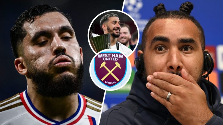 Lyon star Rayan Cherki and former Hammers hero Dimitri Payet. Inset, ex West Ham winger Said Benrahma and the West Ham badge