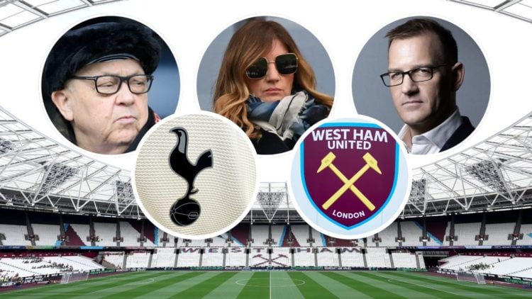 Inside West Ham's London Stadium. Inset, West Ham co-owners David Sullivan and Daniel Kretinsky either side of vice-chair Karren Brady and the Hamm...