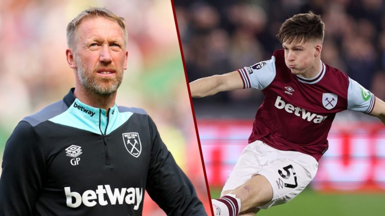 Split image showing West Ham manager Graham Potter and left-back Ollie Scarles