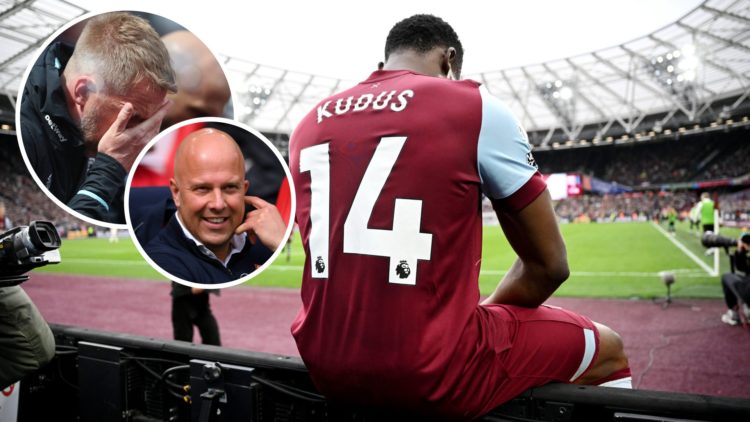 West Ham star Mohammed Kudus. Inset, Hammers head coach Graham Potter and Liverpool boss Arne Slot