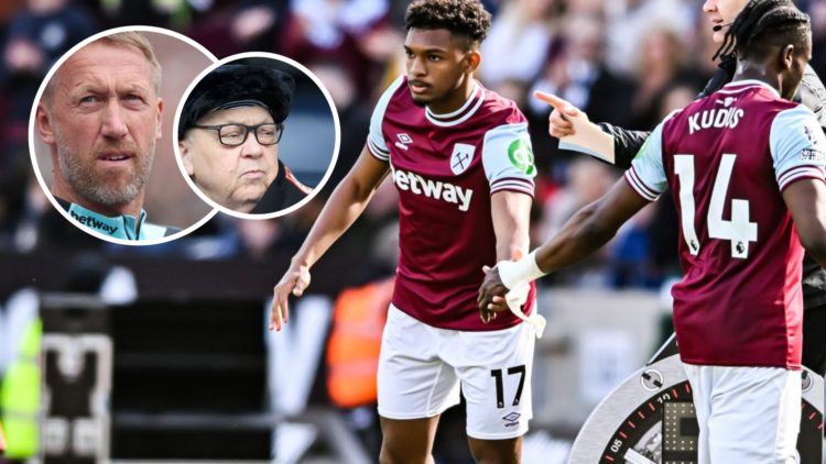 West Ham stars Luis Guilherme and Mohammed Kudus. Inset, Hammers head coach Graham Potter and majority owner David Sullivan