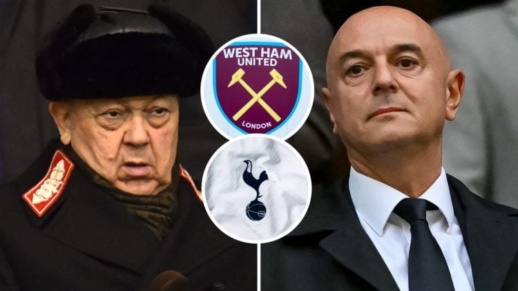 West Ham majority owner David Sullivan and Spurs chairman Daniel Levy. Inset, the West Ham and Tottenham crests