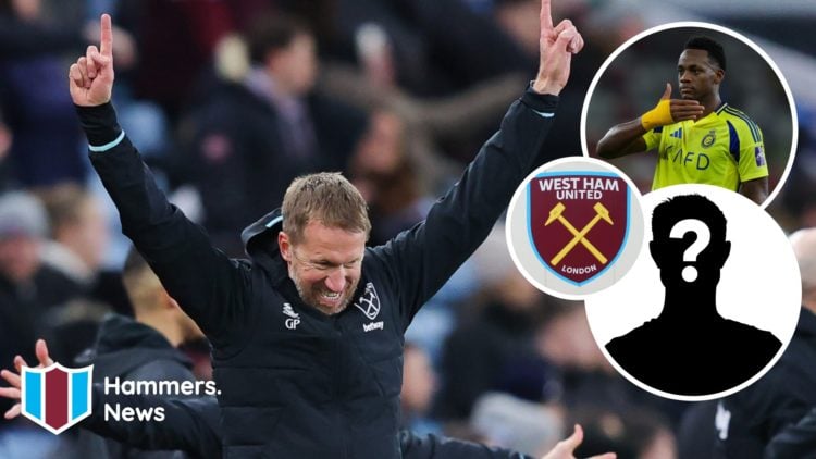 West Ham head coach Graham Potter celebrates. Inset, Al-Nassr striker Jhon Duran and the Hammers crest