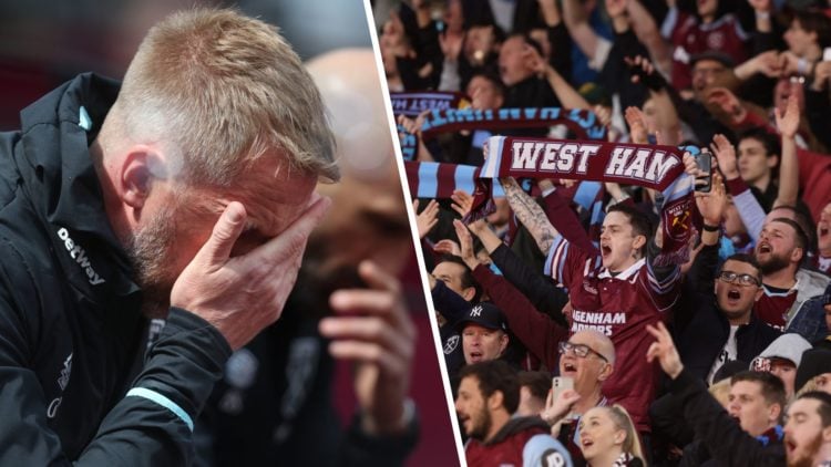 West Ham head coach Graham Potter with his head in his hands and Hammers fans