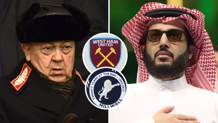 West Ham majority owner David Sullivan and Saudi billionaire Turki Alalshikh. Inset, West Ham and Millwall badges