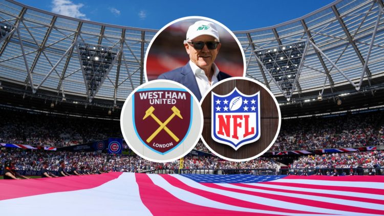 US flag adorns West Ham's London Stadium. Inset, New York Jets co-owner Woody Johnson, the West Ham badge and NFL crest