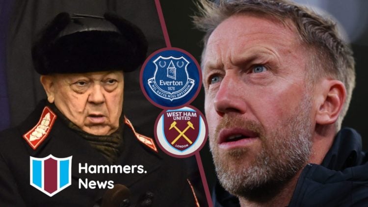 West Ham co-owner David Sullivan and head coach Graham Potter. Inset, West Ham and Everton badges