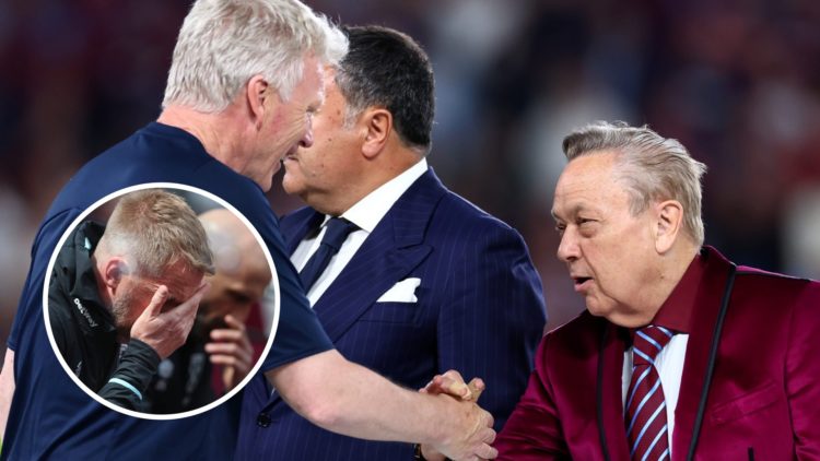 Former West Ham boss David Moyes and the club's majority owner David Sullivan shake hands. Inset, Graham Potter with his head in his hands.
