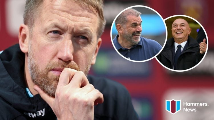 West Ham head coach Graham Potter speaks to the press. Inset, Tottenham chairman Daniel Levy and manager Ange Postecoglou