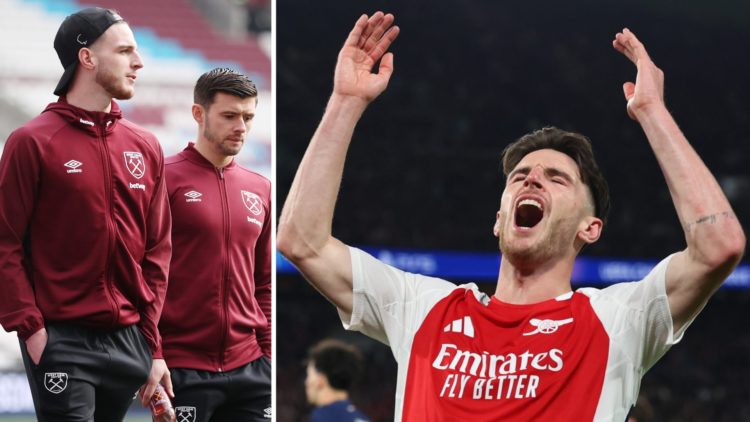 Declan Rice with Aaron Cresswell at West Ham and now at Arsenal