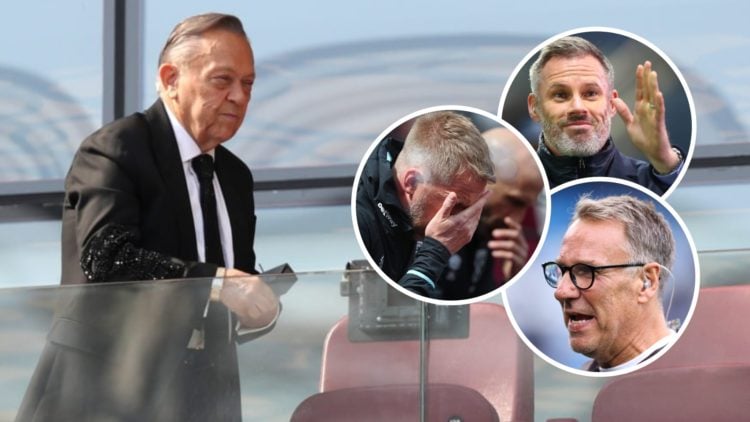 West Ham majority owner David Sullivan in his box. Inset, Hammers head coach Graham Potter and pundits Jamie Carragher and Paul Merson