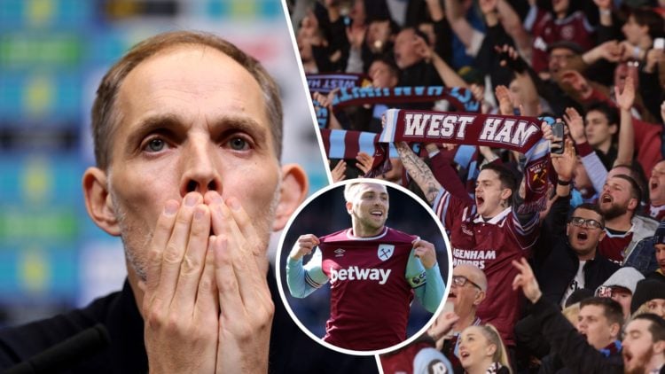 England boss Thomas Tuchel and West Ham fans. Inset, Hammers skipper Jarrod Bowen celebrates