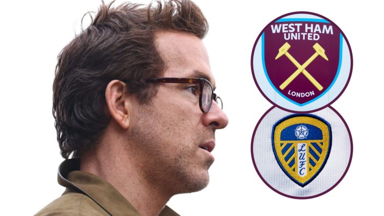 Wrexham co-owner Ryan Reynolds. Inset, West Ham and Leeds United badges