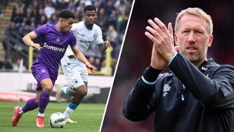Anderlecht star Mario Stroeykens holds off Club Brugge's Raphael Onyedika and West Ham head coach Graham Potter