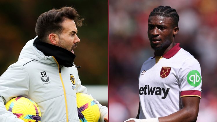 Left image, Edu Rubio, first-team coach of Wolverhampton Wanderers reacts during a Wolverhampton Wanderers Training Session at The Sir Jack Hayward...