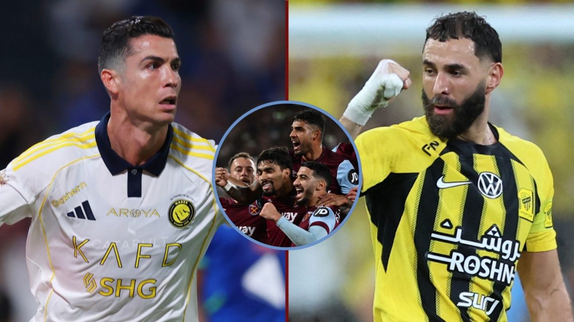 Left image, Cristiano Ronaldo of Al Nassr celebrating after scoring the first goal of his team during the Saudi Pro League football match between A...