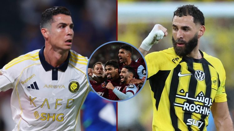 Left image, Cristiano Ronaldo of Al Nassr celebrating after scoring the first goal of his team during the Saudi Pro League football match between A...