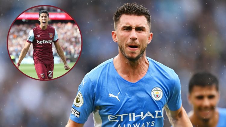 Main image, Aymeric Laporte of Manchester City celebrates after scoring their side's third goal during the Premier League match between Manchester ...