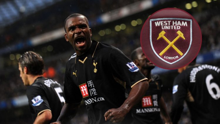 Main image, Darren Bent of Tottenham Hotspur celebrates after scoring to make it 1-1. Inset, The West Ham crest is seen on the manager's seat prior...