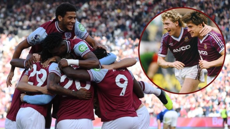 Main image, Michail Antonio of West Ham United celebrates scoring his team's first goal with team mates during the Premier League match between Wes...