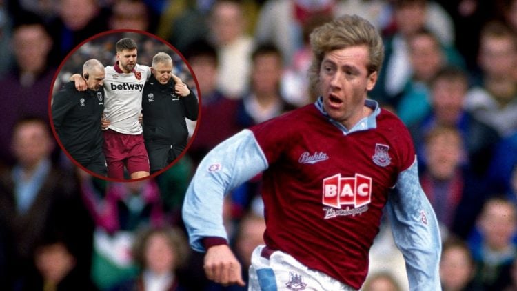 Main image, 24 February 1991 - English Football League Division Two - West Ham United v Millwall - Frank McAvennie of West Ham. Inset, Niclas Fuell...