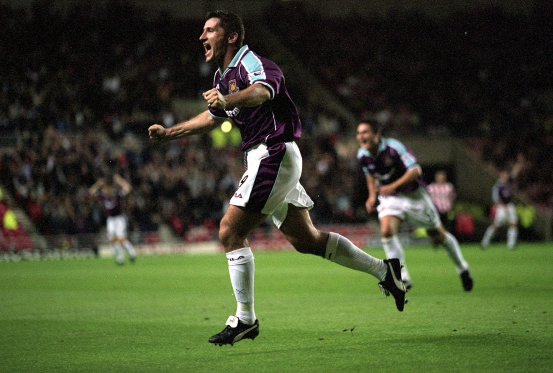 5 Sep 2000: Davor Suker of West Ham celebrates during the FA Carling Premiership match against Sunderland at the Stadium of Light, in Sunderland, ...
