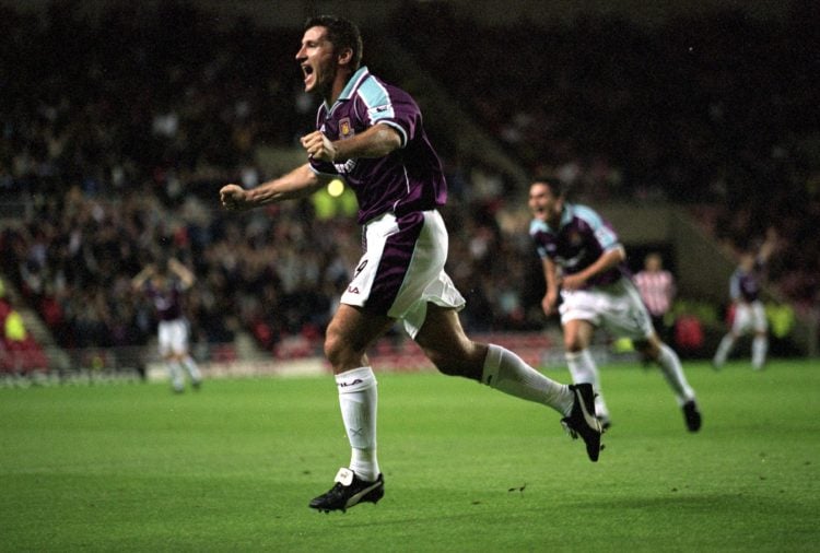 5 Sep 2000:  Davor Suker of West Ham celebrates during the FA Carling Premiership match against Sunderland at the Stadium of Light, in Sunderland, ...