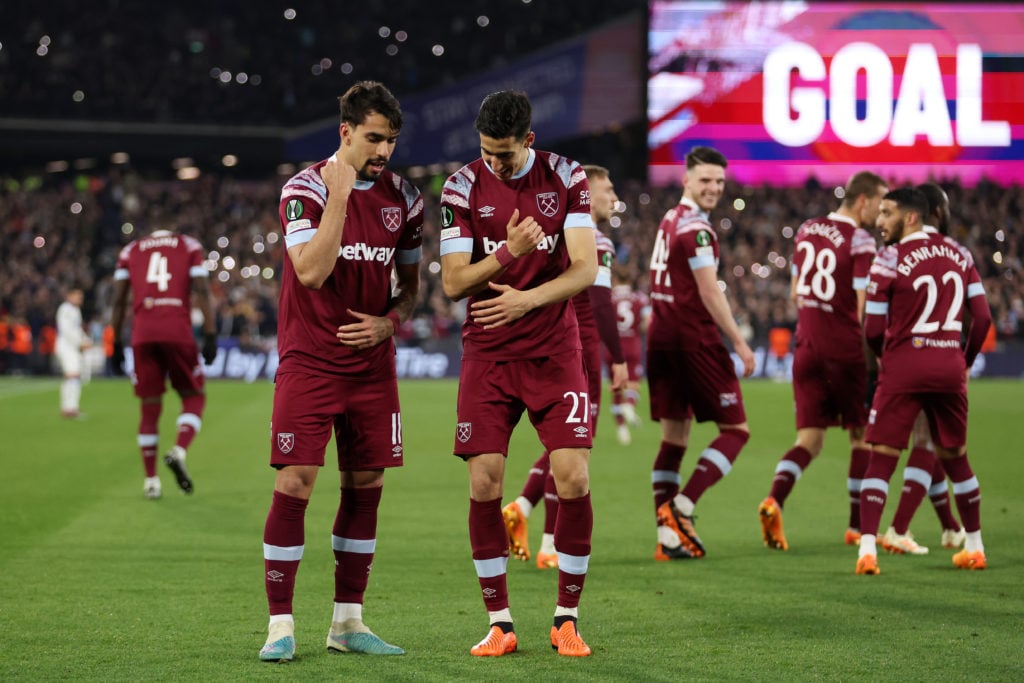 Nayef Aguerd and Lucas Paqueta celebrate during West Ham United v KAA Gent: Quarterfinal Second Leg - UEFA Europa Conference League