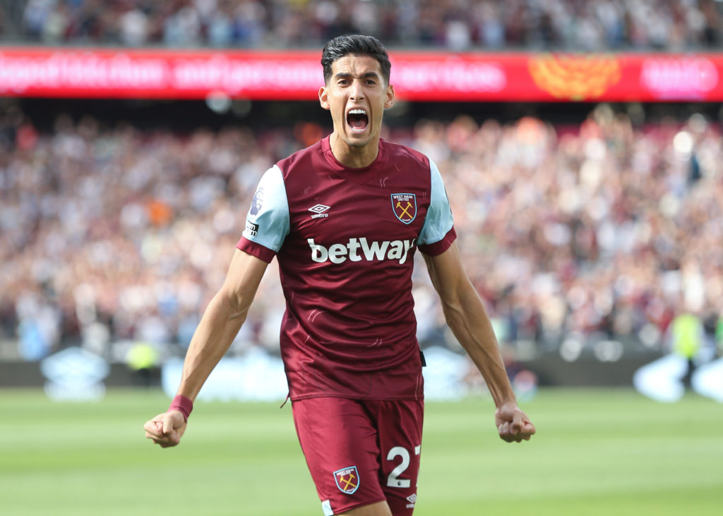 Nayef Aguerd in action during West Ham United v Chelsea FC in the Premier League