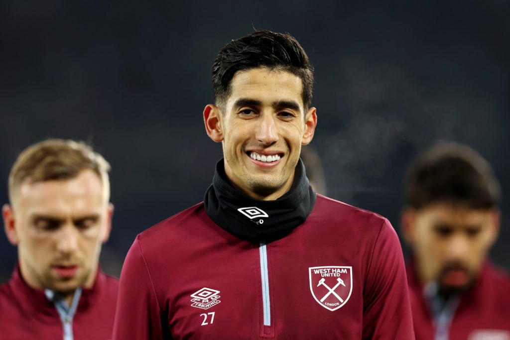 Nayef Aguerd trains ahead of a West Ham United match in the Europa League
