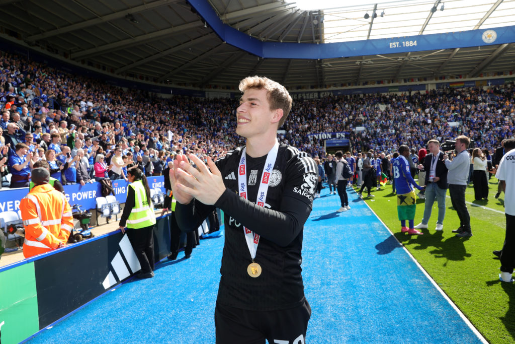 Mads Hermansen celebrates after winning the Championship title following Leicester City v Blackburn Rovers - Sky Bet Championship