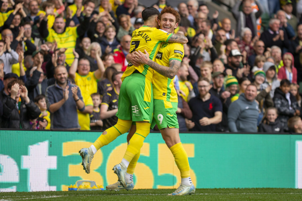 Borja Sainz and Josh Sargent celebrate during Norwich City FC v Hull City AFC in the Sky Bet Championship